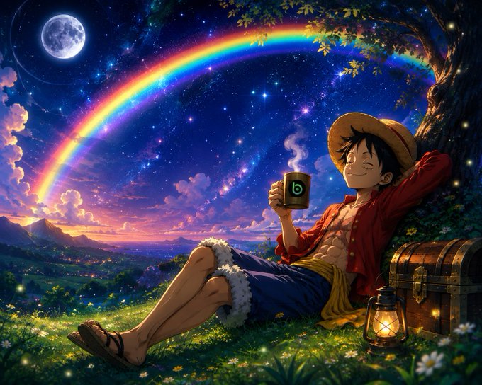 Anime-style illustration of a young man in a straw hat and red shirt relaxing under a tree, drinking from a mug with a Bitget 'b' logo, set against a starry night sky with a rainbow and moon.