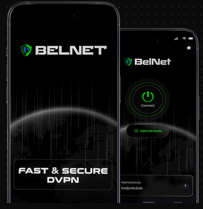 This image displays the BelNet app, highlighting its "FAST & SECURE DVPN" feature with a "Connect" button and an "Add Exit Node" option, contrasting with traditional VPNs.