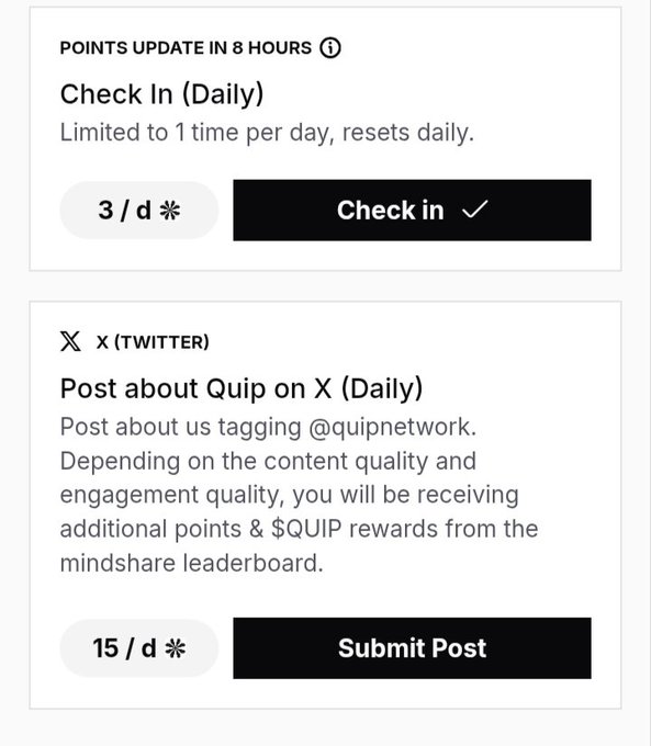 A rewards dashboard showing check-in and social media tasks: 'Check In (Daily)' worth 3/d points and 'Post about Quip on X (Daily)' worth 15/d points, requiring tagging @quipnetwork.