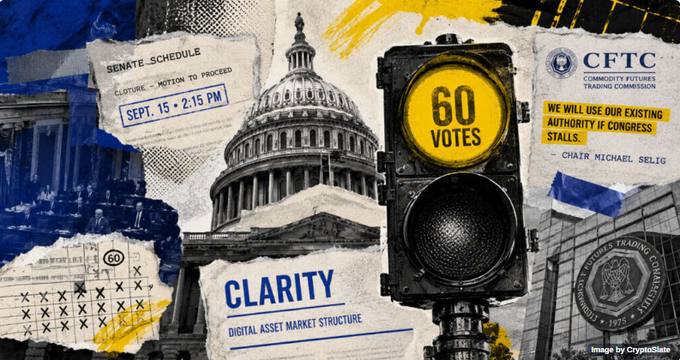 A political collage featuring the U.S. Capitol building, a traffic light showing '60 VOTES', and documents referencing the CFTC, Senate Schedule (Sept. 15, 2-15 PM), and 'CLARITY' Digital Asset Market Structure legislation.