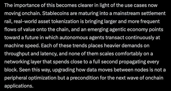 The image displays a paragraph from Four Pillars' research report on Optimum, discussing how stablecoins, real-world asset tokenization, and an emerging agentic economy are driving increased on-chain activity that requires improved network infrastructure to handle higher throughput and lower latency demands.