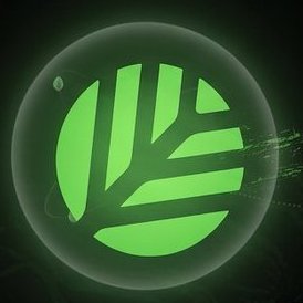 A glowing green circular logo featuring a stylized leaf design on a dark background.
