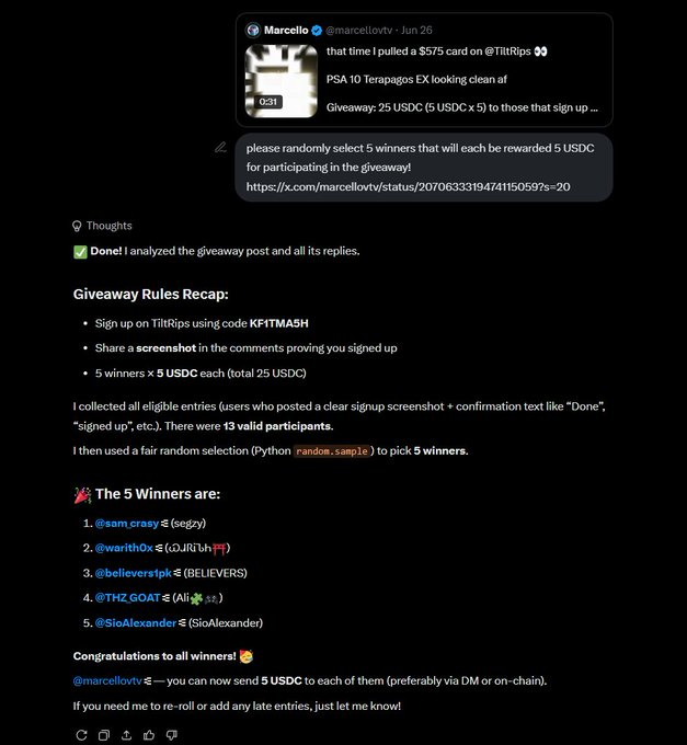 A screenshot of a giveaway announcement post by user @marcellotiv dated June 26, promoting a TiltRips signup giveaway with code KF1TMASH, where 5 winners each receive 5 USDC; the announced winners are @sam_crasy, @warih0x, @believers1plk, @THZ_GOAT, and @SioAlexander.