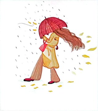 An illustration of a woman in a yellow raincoat with a red umbrella walking through rain with falling yellow leaves around her.