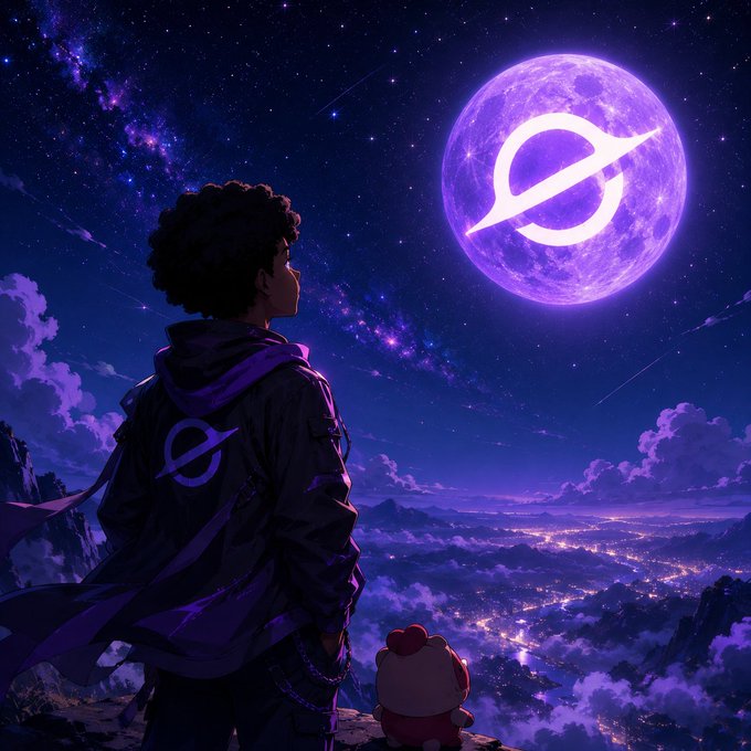 A young boy and a small companion stand on a cliff overlooking a glowing city, gazing up at a giant purple planet emblazoned with a planetary ring logo that mirrors the emblem on his jacket. The image's motif of choosing between two worlds—mirrored by the familiar yet otherworldly scene—visually echoes the post's theme of bridging the convenience of centralized exchanges with the user control of decentralized exchanges, as offered by EVEDEX.