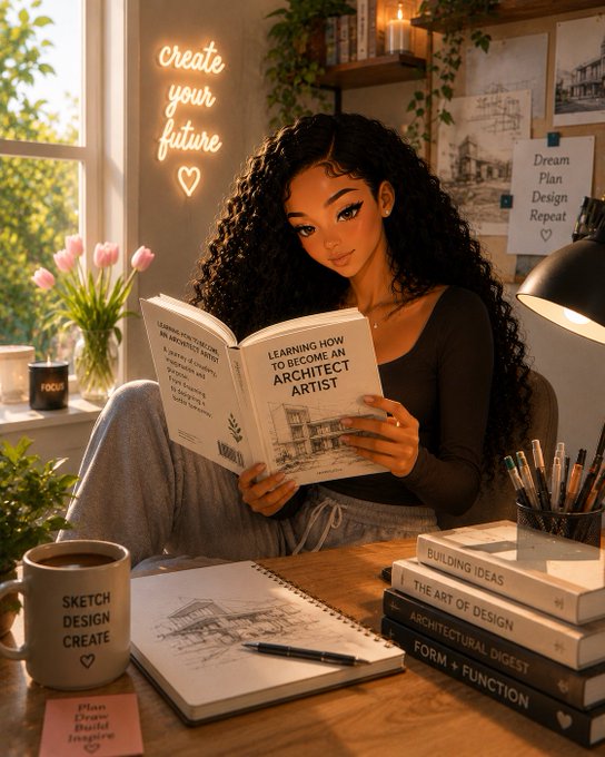 A digital illustration of a young woman with curly hair reading a book titled 'LEARNING HOW TO BECOME AN ARCHITECT ARTIST' at a desk filled with sketchbooks and architecture books, with a neon sign reading 'create your future'.