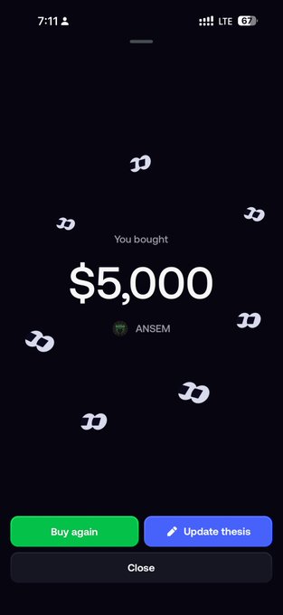 A screenshot from what appears to be the Phantom wallet app showing a successful purchase of $5,000 worth of the ANSEM token, with confetti animations celebrating the transaction. The image reinforces the poster's commitment to buying more $ANSEM despite criticism, supporting their announcement about buying additional tokens and airdropping to a Grok-selected winner.