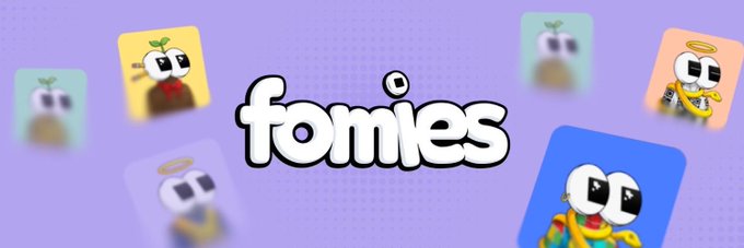The image displays a promotional banner for "fomies" featuring the brand name in playful white bubble lettering against a purple halftone-dotted background, surrounded by hand-drawn cartoon NFT characters with expressive eyes, angel halos, and colorful designs. This matches the post's description of a free-mint NFT project with clean, hand-drawn art, showcasing the collection's distinctive illustrated character style.