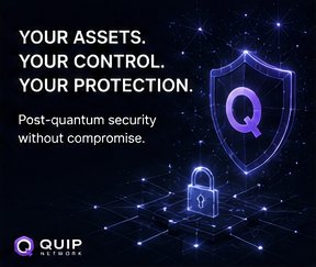 The image features a shield with a lock, which is part of a larger security system designed for protection against potential threats. The text above the shield reads "Your assets, your control, your protection." This suggests that Quip Network's focus lies in providing solutions that protect systems from emerging threats and ensure secure operations.