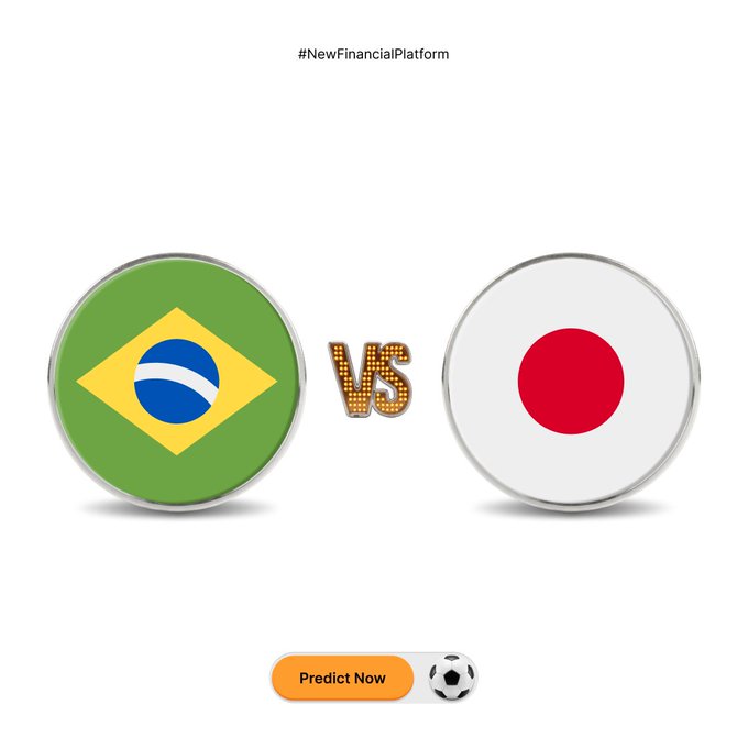 A graphic shows circular icons of the Brazilian and Japanese flags facing off with a gold "VS" between them, accompanied by an orange "Predict Now" button and a soccer ball, promoting a Bybit prediction contest for a Brazil vs. Japan match with a $1,000,000 MNT reward pool.