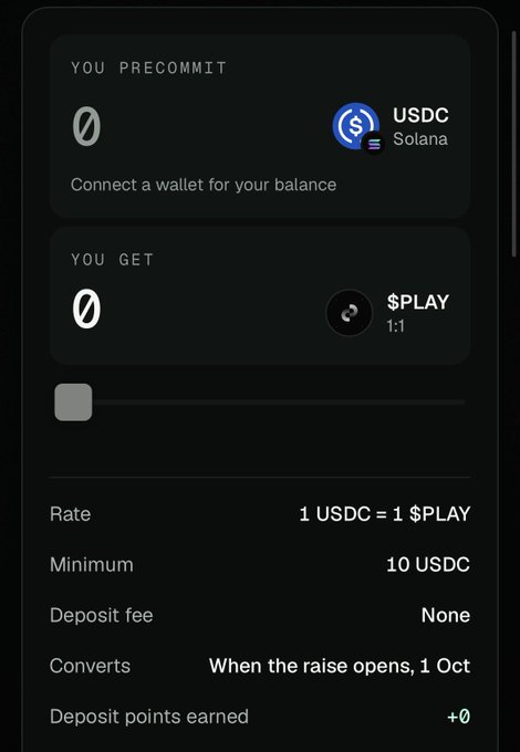 A cryptocurrency pre-commit interface showing a conversion of USDC (Solana) to $PLAY at a 1:1 rate, with a minimum of 10 USDC and converts on Oct 1.