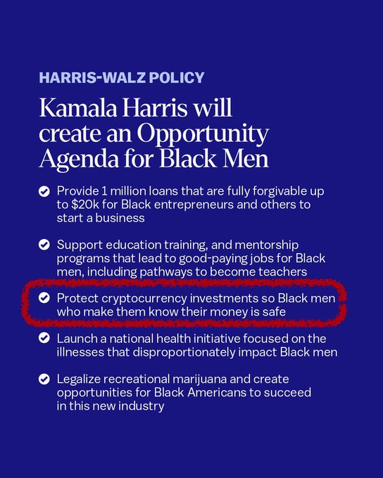 The image shows a Harris-Walz campaign policy slide titled "Kamala Harris will create an Opportunity Agenda for Black Men," with one bullet point circled in red: "Protect cryptocurrency investments so Black men who make them know their money is safe." The post's reference to "bull price" suggests the crypto policy promise could boost market sentiment, implying a rally if this pro-crypto stance were reintroduced.