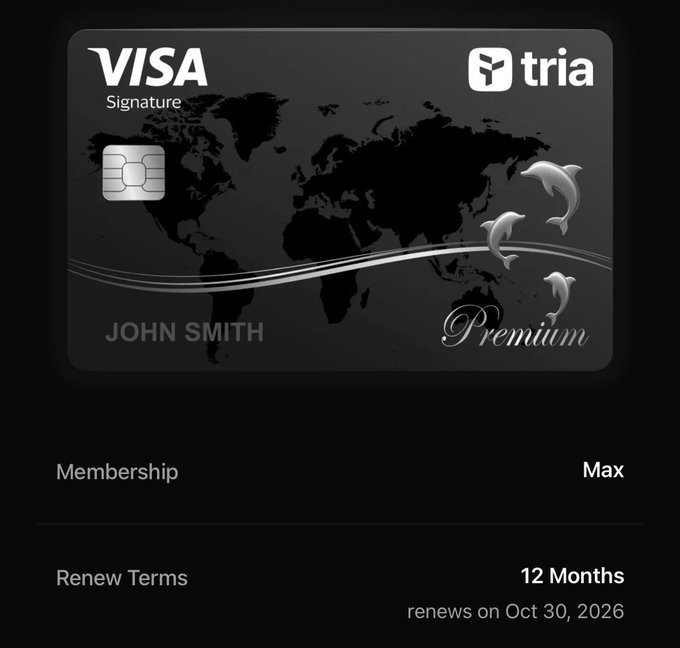 A dark-themed UI screen showing a Visa Signature credit card from 'tria' for 'JOHN SMITH' (a Premium card), with membership details indicating a 'Max' level and a 12-month renewal term renewing on Oct 30, 2026.
