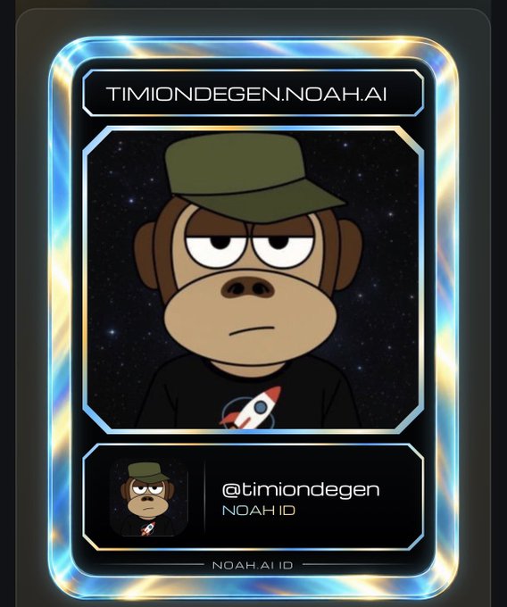 A digital NOAH AI ID card for @timiondegen featuring a cartoon monkey wearing a green cap and a rocket shirt against a space background, framed by a holographic border.