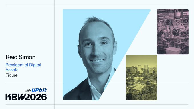 A promotional graphic featuring Reid Simon, President of Digital Assets at Figure, with text "with UPbit" and "KBW2026," alongside city skyline images.