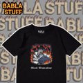 A black t-shirt displaying 'BABLASTUFF' branding with a fire-themed graphic, shown against a backdrop with repeated 'BABLASTUFF' text.