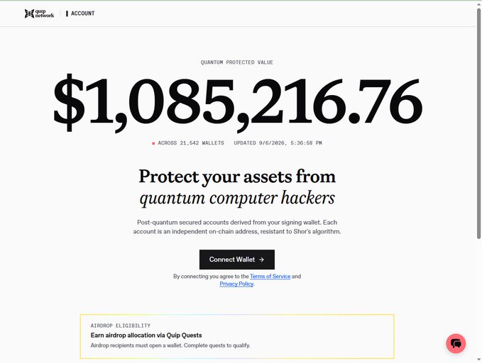 The image displays the Quip Network account page showing $1,085,216.76 in "Quatum Protected Value" across 21,542 wallets, with a call to "Connect Wallet" for post-quantum secured accounts resistant to Shor's algorithm. The accompanying post about QuipSwap being an intent-based listing system (rather than a deposit-based bridge) does not directly relate to the image, which instead showcases the wallet's quantum-resistant security feature and total protected value.