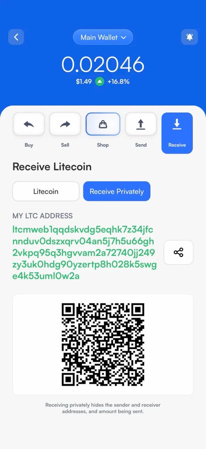 A cryptocurrency wallet mobile app screenshot showing a balance of 0.02046 Litecoin ($1.49, +16.8%) with a 'Receive' Litecoin screen displaying wallet address and QR code.
