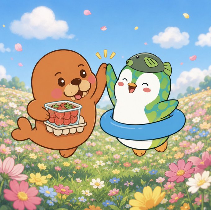 An anime-style cartoon illustration of a brown otter holding a tray of sushi/meat and a cute penguin wearing a fish hat and blue swim ring, high-fiving in a colorful flower field under a blue sky.