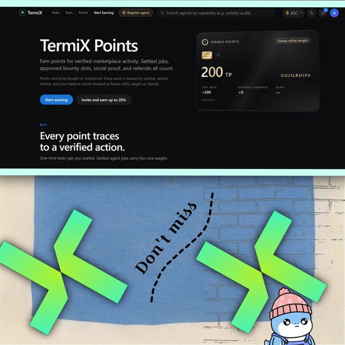 The TermiX Points dashboard showing a balance of 200 TP for user 'GUJILRUIPA', with a cartoon character and 'Don't miss' text below.