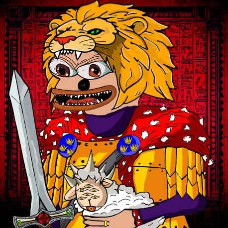 A digital illustration of an anthropomorphic lion warrior with a fierce expression, wearing a red cape and yellow armor, holding a sword and an idol with multiple eyes.