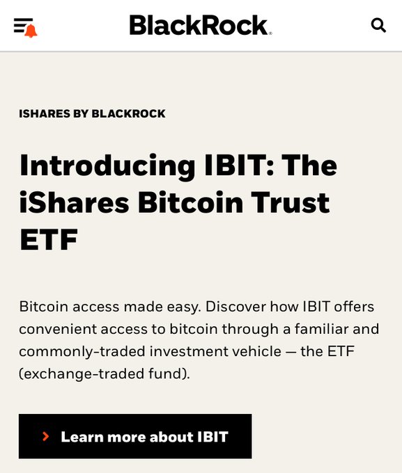 A BlackRock webpage introducing 'IBIT: The iShares Bitcoin Trust ETF' with text explaining it offers convenient access to bitcoin through an ETF investment vehicle.