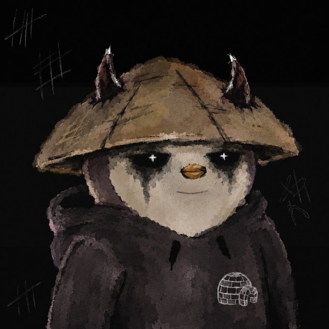 The image features a cartoon character wearing a hat, which appears to be made of straw or animal hide. The character has a sad expression on their face, giving them an eerie appearance. They are also dressed in a hooded sweatshirt with an "I love you" sign on it. The background is black and filled with white text that reads: "Happy Sunday Legends! Just received an honorable 1:1 art from @the_demoonz I’m giving away x3 GTD WL mint spots! ... follow me & @the_demoonz ... like & retweet this post". This suggests that the image is related to a social media account or event, possibly celebrating the character's birthday.