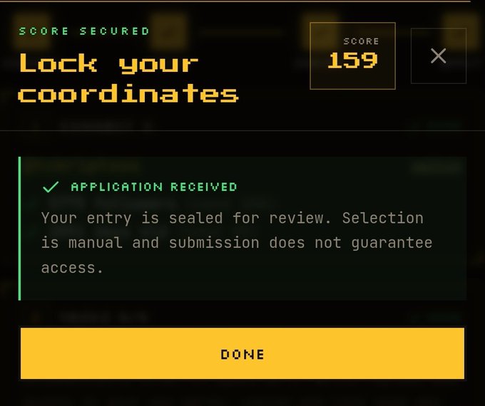 A digital interface with the text "SCORE SECURED - Lock your coordinates" showing a score of 159 and a confirmation message reading "APPLICATION RECEIVED - Your entry is sealed for review. Selection is manual and submission does not guarantee access." with a "DONE" button.