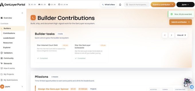 The image shows the GenLayer Portal's "Builder Contributions" page with the accompanying post highlighting two completed tasks: "Star Internet Court Skill" (+50 pts) and "Star the GenLayer boilerplate" (+20 pts), both marked with checkmarks, guiding users to navigate to Builders → Contributions to find and complete new contribution tasks.