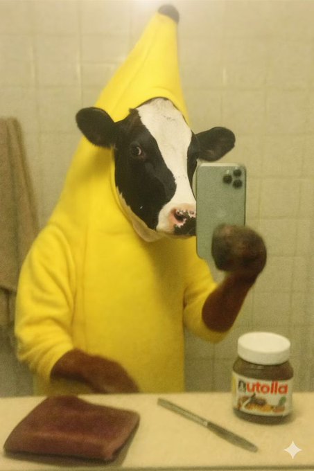 A humorous image of a person in a banana costume taking a mirror selfie with a smartphone, with a jar of Nutella and a wallet on the counter.