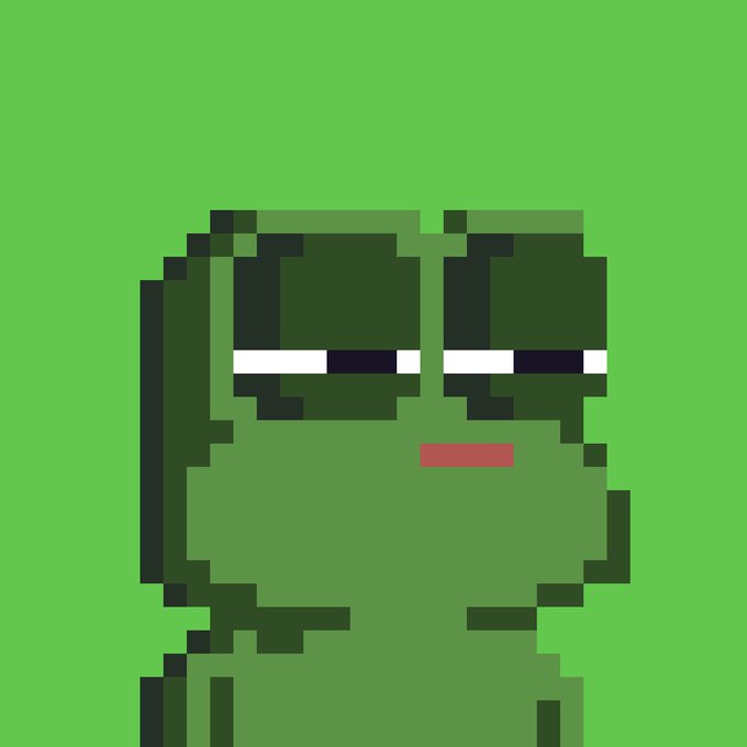 A pixel art rendering of a green frog-like character with half-closed eyes and a small red mouth, set against a matching green background. The image's solitary, stoic frog face humorously embodies the calculated, profit-focused mindset referenced in the post, which discusses a $500 mint price generating $5M from a 10,000 supply.