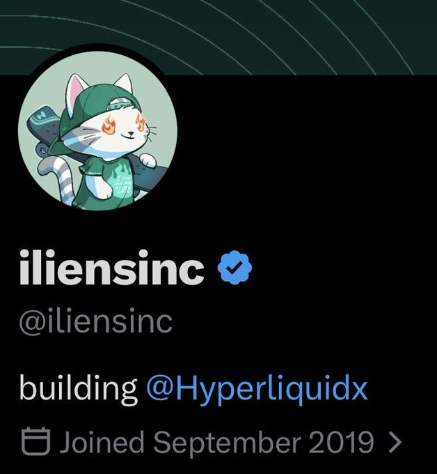 A profile card for “iliensinc” (@iliensinc), showing a cartoon cat avatar and the text “building @Hyperliquid” and “Joined September 2019.” It accompanies a post claiming this person has “real aura,” citing attending Harvard, being Jeff’s classmate, co-founding Hyperliquid, and being a billionaire who is fully anonymous.