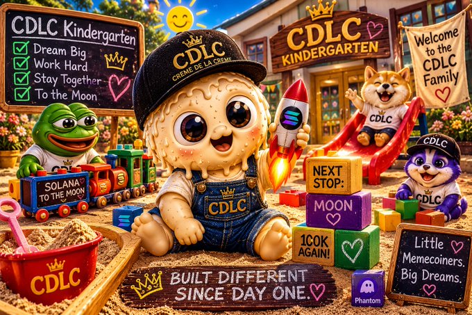 A colorful cartoon scene labeled "CDLC Kindergarten" features a baby character holding a Solana rocket, with text including "SOLANA TO THE MOON," "NEXT STOP: MOON," and "BUILT DIFFERENT SINCE DAY ONE."