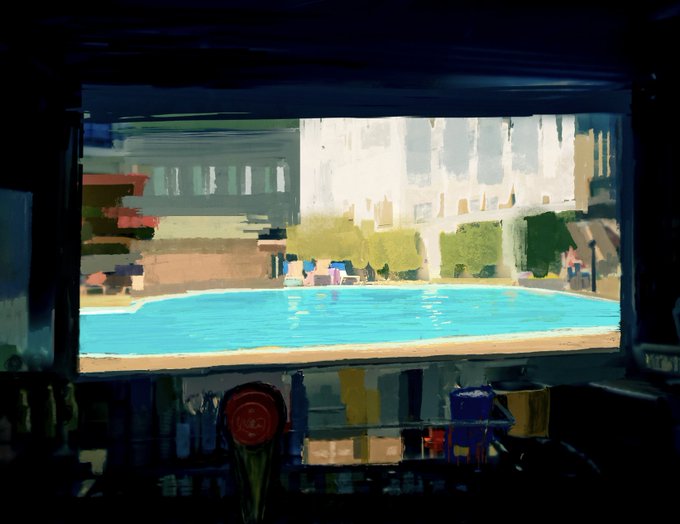 An impressionistic painterly view from inside a bar looking out toward a turquoise swimming pool, with colorful bottles and a red tap visible on the counter in the foreground.