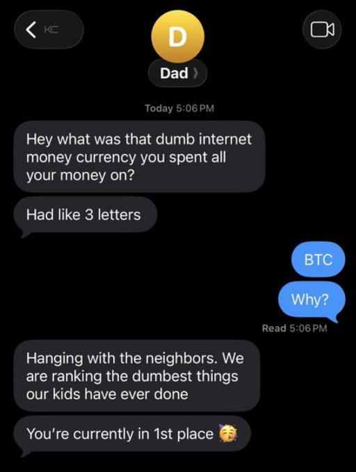 A text message conversation where 'Dad' asks 'Hey what was that dumb internet money currency you spent all your money on? Had like 3 letters,' the reply says 'BTC. Why?,' and Dad responds 'Hanging with the neighbors. We are ranking the dumbest things our kids have ever done. You're currently in 1st place.'