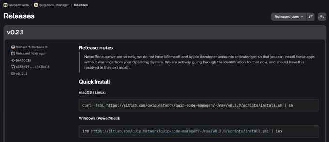 A GitLab releases page screenshot for Quip Network's quip-node-manager v0.2.1, displaying release notes and quick install commands for macOS/Linux and Windows.