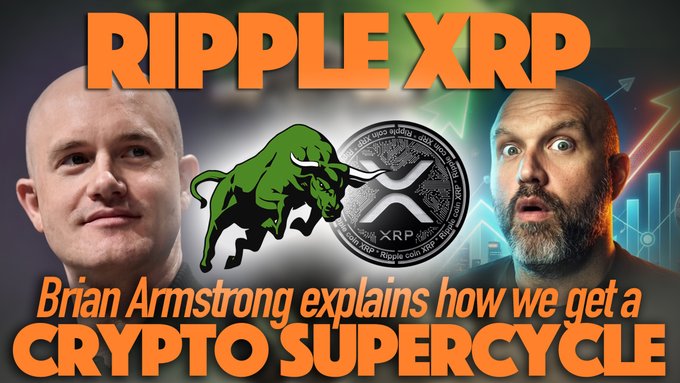 A YouTube thumbnail titled 'RIPPLE XRP' featuring two men's faces, a green bull graphic, an XRP coin, and text reading 'Brian Armstrong explains how we get a CRYPTO SUPERCYCLE'.