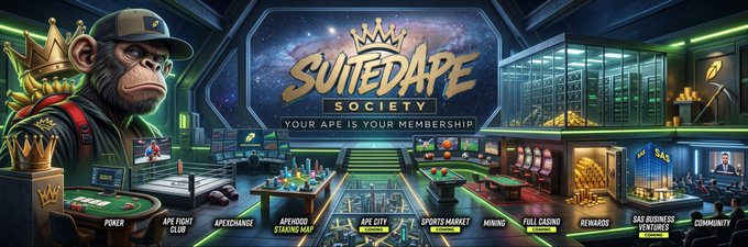 A digital banner for 'SUITEDAPE SOCIETY' features a gorilla wearing a crown and sunglasses, set in a multi-level virtual space with navigation options like 'POKER', 'APE FIGHT CLUB', 'APETREASURY', and 'APE CITY'.