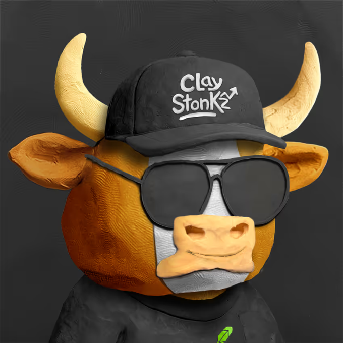 A 3D-rendered bull mascot wearing a black 'Clay Stonks' cap and dark sunglasses against a gray background.