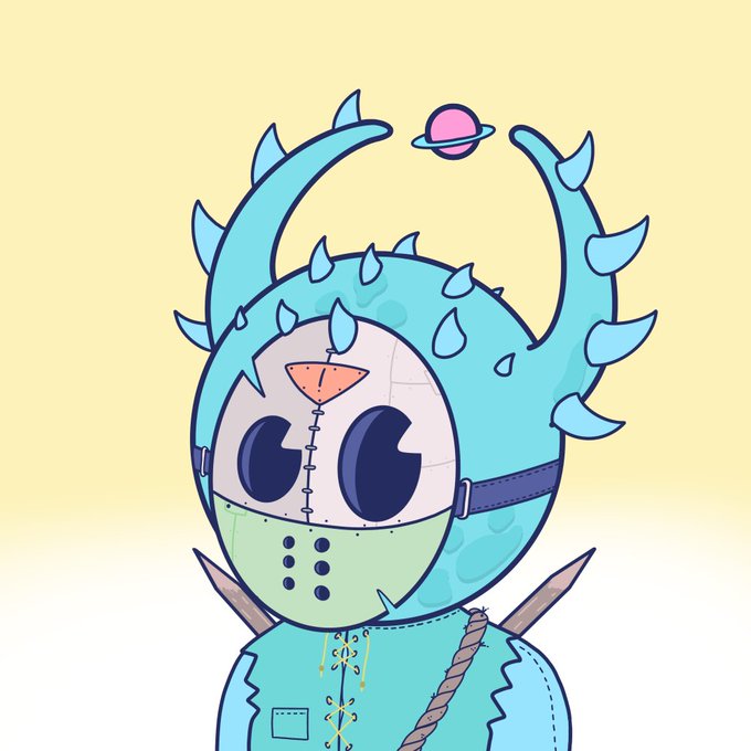 A cute cartoon illustration of a character in a spiked, light blue hooded costume with a stitched face mask, with a small pink planet floating above.
