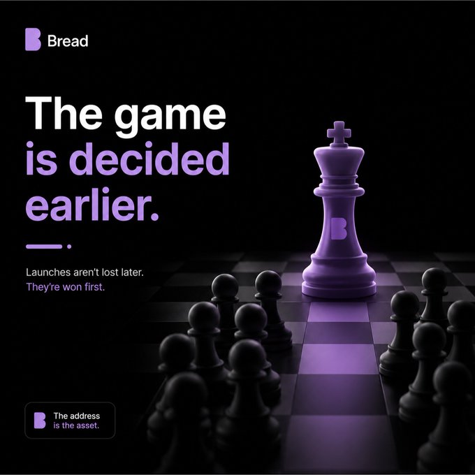 This image from Bread depicts a chess board with a king piece symbolizing a cryptocurrency launch, suggesting that the "game" of crypto launches is decided preemptively, mirroring the post's sentiment about early sniping. The text prominently states, "The game is decided earlier. Launches aren't lost later. They're won first."
