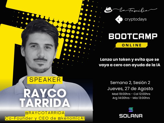 Event flyer for a 'BOOTCAMP ONLINE' featuring speaker Rayco Tarrida (@RAYCOTARRIDA), Co-Founder and CEO of @kenomicAI, discussing token launches with AI, dated Thursday, August 27th.