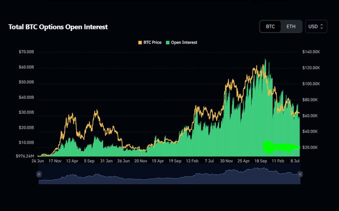 A financial chart titled 'Total BTC Options Open Interest' displaying BTC price (orange line) and Open Interest (green area) over time, with BTC/ETH/USD currency toggle and a hand-drawn green arrow pointing toward recent data near 8 Jul.