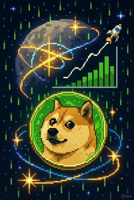 A pixel art illustration features the iconic Dogecoin Shiba Inu dog emerging from a green portal against a cosmic backdrop, with a rocket ship soaring upward alongside a rising bar chart that symbolizes the cryptocurrency's bullish price trajectory. The image captures the "to the moon" theme commonly associated with Dogecoin's meme-driven community.