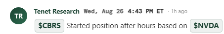 A social media post from "Tenet Research" dated Aug 26 4:43 PM ET announces that they started a position in $CBRS after hours, based on $NVDA, highlighting their profitable 5% gain and 190% portfolio growth over 4 months.