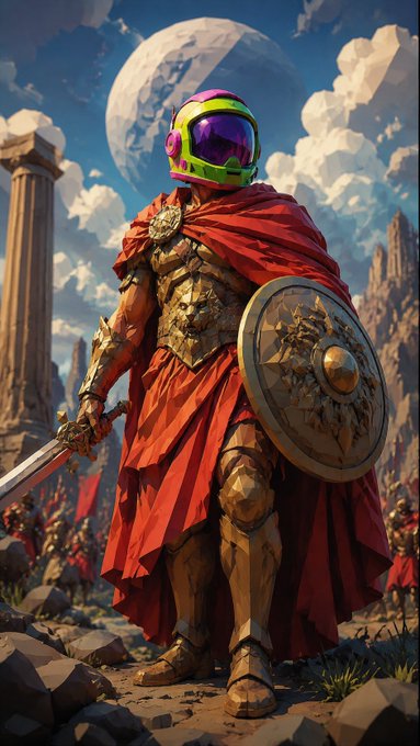 A digital illustration of an armored warrior with a red cape, shield, and sword, wearing a colorful futuristic helmet, standing before ancient ruins with a large planet in the sky.
