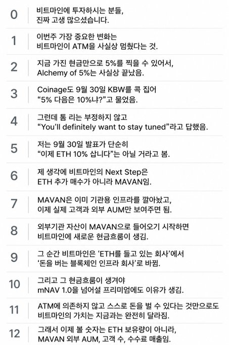 A numbered, tweet-style thread in Korean outlining a bullish thesis on Bitcoin, Ethereum, and Bitmine (비트마인) — highlighting Bitmine's ATM fundraising, the company's planned pivot from accumulating ETH to building the MAVAN ecosystem for tokenizing institutions (외부기관 자산), and projections that mNAV 1.0 could be reached before a premium to fair value emerges.

Key items visible: Bitcoin, Ethereum (ETH), Bitmine (비트마인), ATM, Alchemy, Coinbase, KBW (Sep 30), MAVAN, AUM, and mNAV 1.0.

The image relates to the post as a sample of the "quote post format" the author is experimenting with — presenting their investment analysis as a numbered, thread-like commentary aimed at capturing the engaging style of accounts they admire on X.