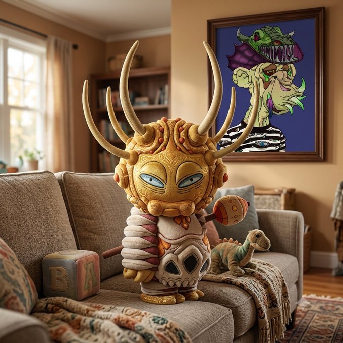 A detailed, stylized figurine with large antlers and tribal markings sits on a brown couch in a sunlit living room, with a framed colorful portrait of a green character hanging on the wall behind it.