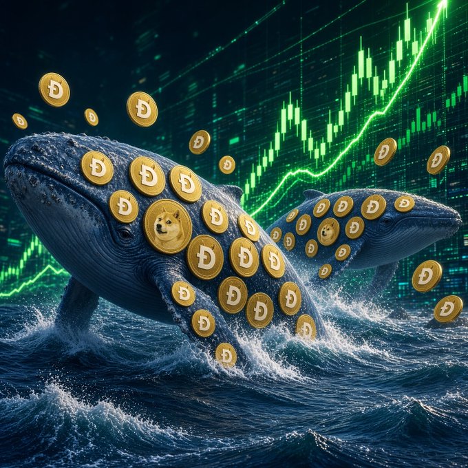 A vibrant digital illustration depicts two whales leaping from ocean waves covered in Dogecoin (DOGE) coins, set against a backdrop of a green candlestick chart showing an upward market trend.