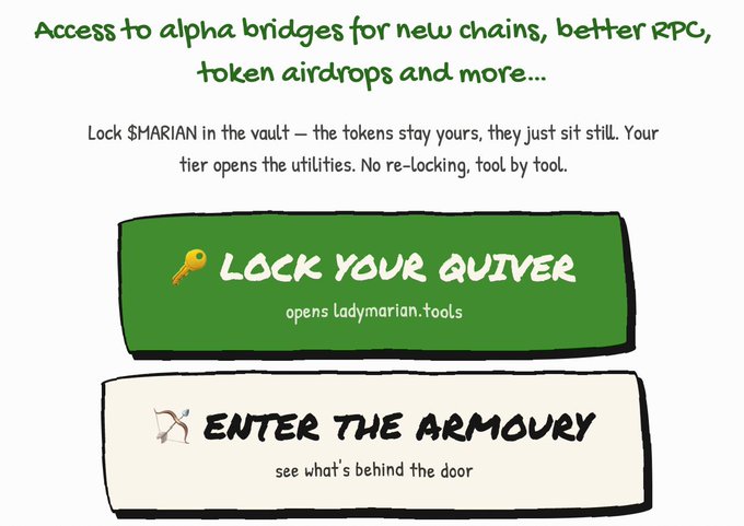 A promotional graphic featuring the text 'Access to alpha bridges for new chains, better RPC, token airdrops and more...' with green and beige buttons labeled 'LOCK YOUR QUIVER' and 'ENTER THE ARMOUR', explaining that locking $HARIAN tokens unlocks utility tiers without re-locking.